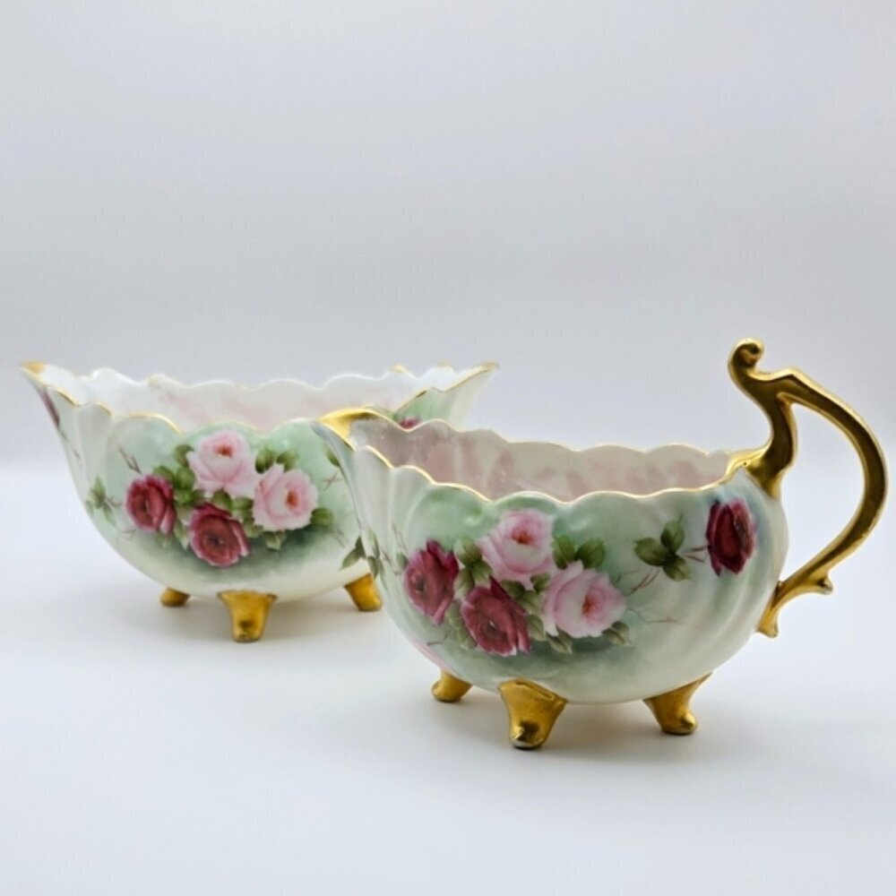Antique Crown Vienna Austria Floral Creamer Sugar Bowl Set Gold Trim China